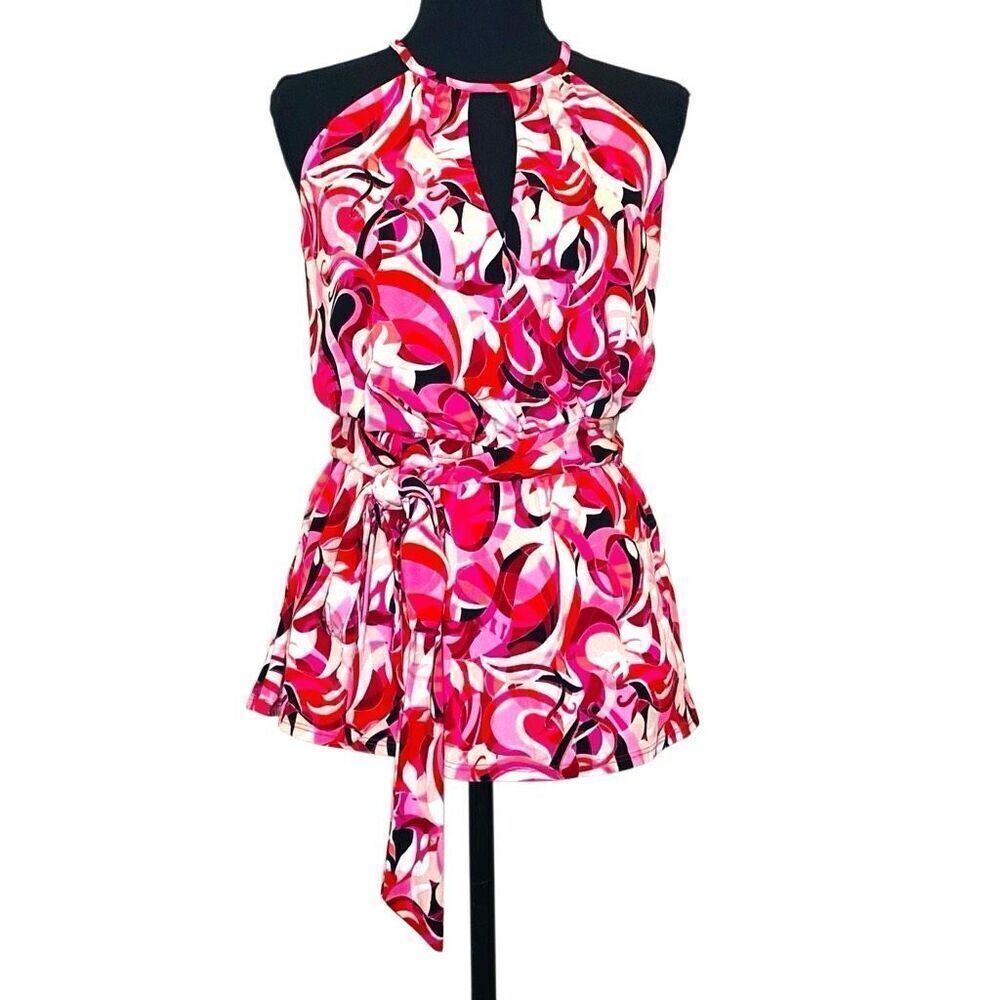 INC International Concepts Abstract Print Keyhole Halter Peplum Blouse Pink XS